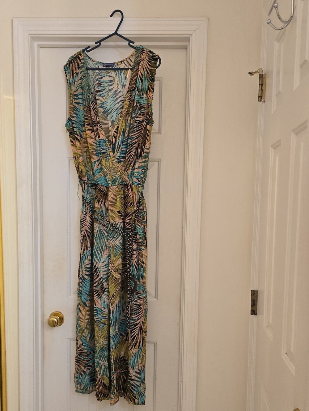 Democracy Tropical Leaf Wrap Jumpsuit - Blue, Green, Tan